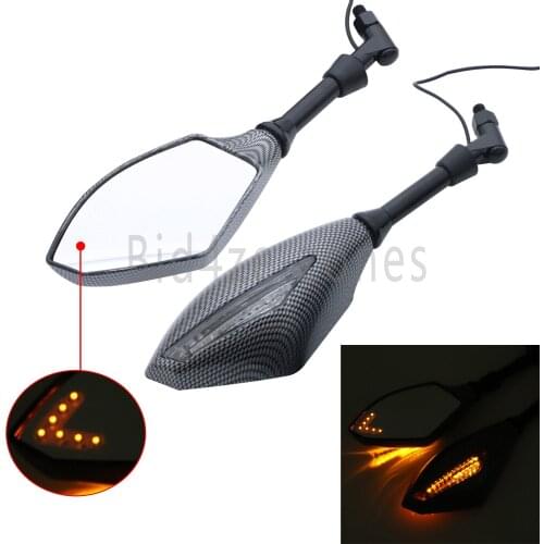 Motorcycle Carbon Indicator Rearview Side Mirrors &Integrated Amber LED Turn Signals For Street bikes Cruiser 8mm 10mm Scooters