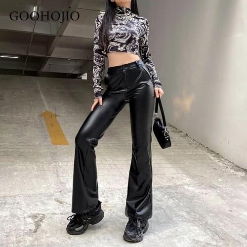 GOOHOJIO 2021 Spring Autumn New Casual Boot Cut Pants ​women High Waist Thin Trousers for Ladies Tight Chic Leather Pants Women