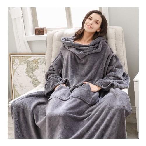 New Warm Blanket Long Coral Fleece Blanket with Sleeves Coral Fleece Pocket Blanket Adult Winter Wash Flannel Blankets Robe