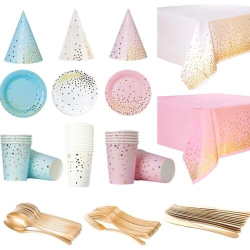 Round Dot Bronzing Gold Theme Birthday Party Disposable Tableware Pink Blue White Dot Plate Napkin Party Decoration Supplies