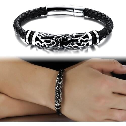 Cyue Wholesale European Black Braided Leather Bracelet Link Stainless Steel Totem Charm Magnetic Buckle For Boy Men Jewelry