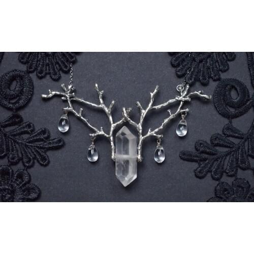 Quartz Crystal Necklace Silver Plated Branches Pendant, Elven Jewelry,Droplets Necklace, Witchy, Pagan, Gift for Her