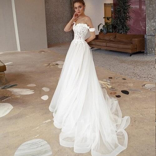 2021 Latest On Sale Beach Wedding Dress Off the Shoulder A-line Appliques Tulle Bridal Dress Robe de Mariee