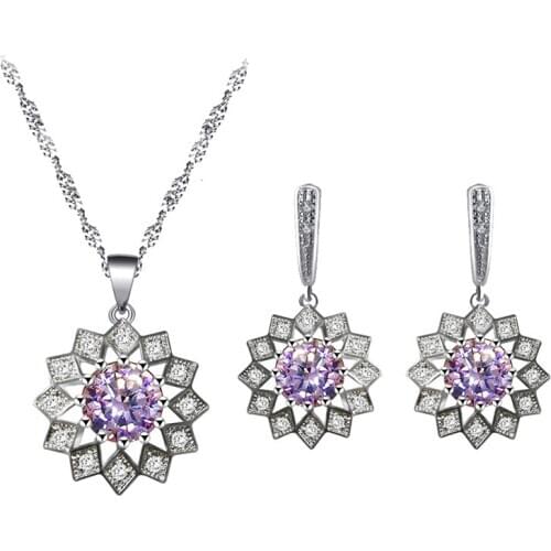 Simple design pink silver plated zircon earrings necklace pendant set womens business gifts ladies exclusive JS840