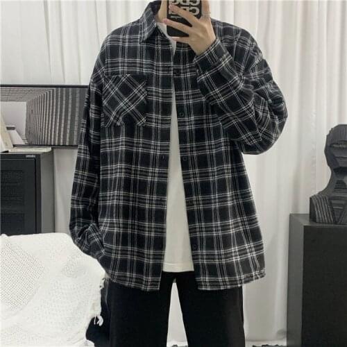 Mens Plaid Shirt New Artistic Long Sleeve Korean Loose Trend Autumn Coat Couples Four Seasons Package Mail Blouse