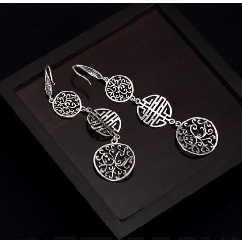 Real S925 Sterling Silver colour Vintage Long Earrings Women Hollow Flower Chinese Words Double Happiness Brincos Long earrings