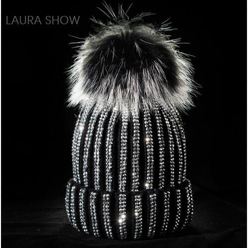 LAURASHOW Real Fur Ball PomPoms Winter Warm Knitted Wool Hat Lady Mink Women Cap