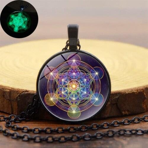 FIMAODZ Luminous Metatron Cube Necklace Sacred Geometry Flower of Life Chakra Magic Hexagram Star Glass Pendant Glow Necklaces