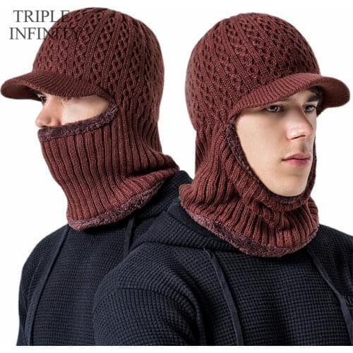 TRIPLE INFINITY Brand Men Hat Winter Thick Knitted Hats Windproof Warm Comfortable Outdoor Scarf Integrated Cycling Hat Male Cap