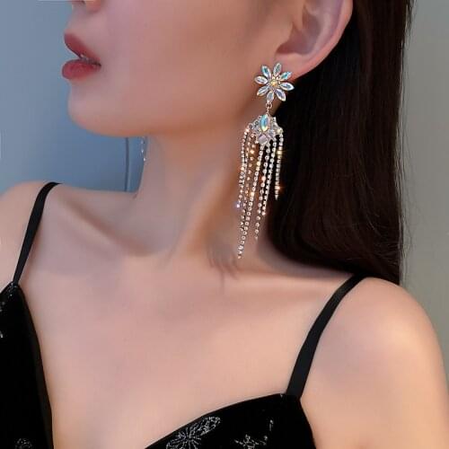 European and American exaggerated personality jewelry inlaid rhinestone long tassel flower earrings for women party gifts