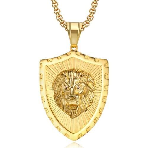 Hip hop Mens 316L Stainless Steel Lion Shield Pendant Necklace Chain Gold color Necklace