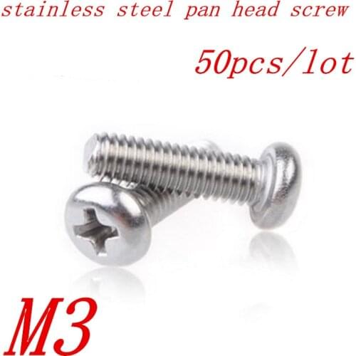 50pcs M3*5/6/8/10/12/16/20 3mm A2 Stainless Steel Round pan head machine screw