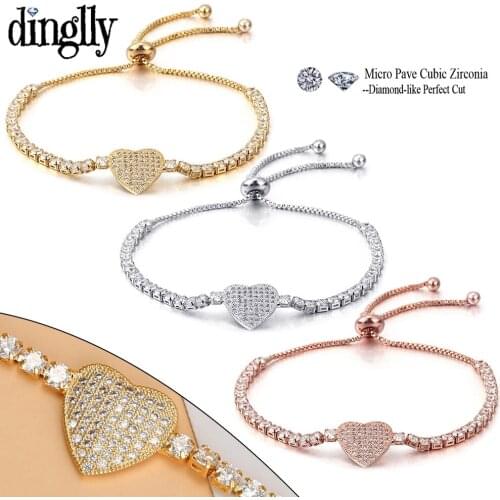 Dinglly High Quality Luxury Adjustable Length Cubic Zirconia Heart Charm Bracelets For Women Men Fine CZ Jewelry Bracelet Gift
