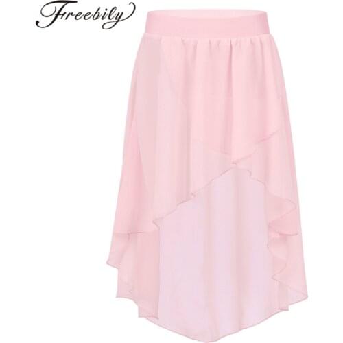 Kids Girls High-Low Elastic Waistband Chiffon Skirt for Ballet Gymastic Leotards Wrap Skirts Studio Practice Performance Costume