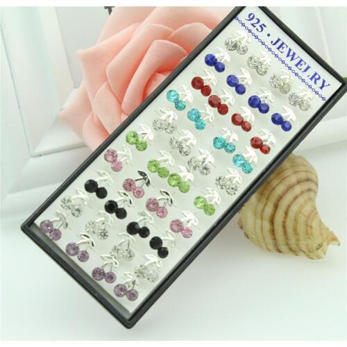 40pcs 925 sterling silver earrings Color crystal cherries women stud earrings Crystal woman silver earrings The jewelry gift