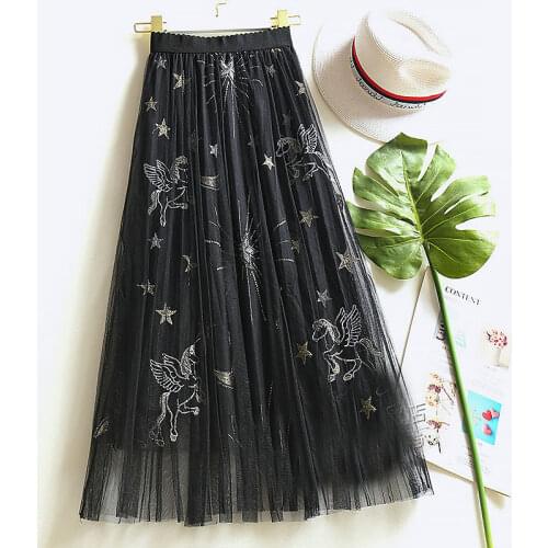 Women Embroidery Skirts Summer Fashion Vintage Galaxy/Stars/Swans/Feather Embroidered Skirt Sexy Mesh Long Skirt