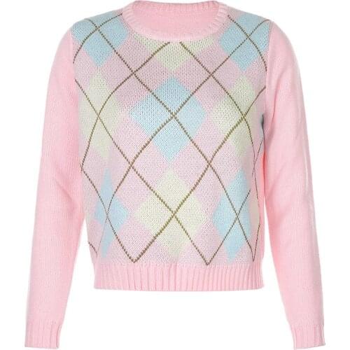 Fanco 2020 Fashion New Women Casual Autumn Girly Pink Sweater Argyle Pullover Female Knitted O-Neck Long Sleeve Loose Streewear