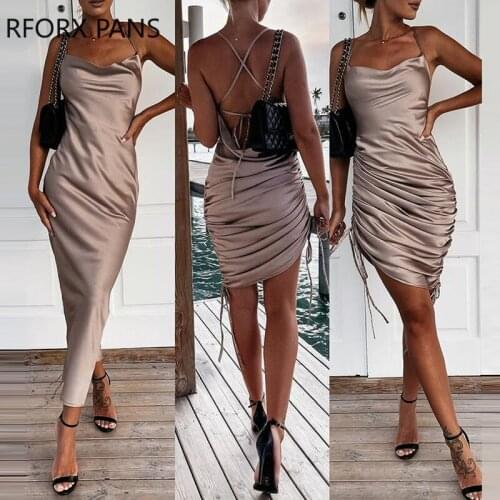 Women Hollow-out Cami Spaghetti Strap Lace-up Cowl Neck Asymmetrical Party Sexy Dress