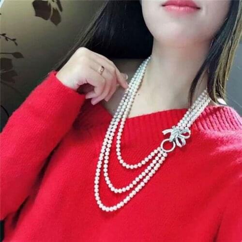 Geometric circle bow knot zircon buckle three-layer pearl necklace for women long pearl necklace for party gifts