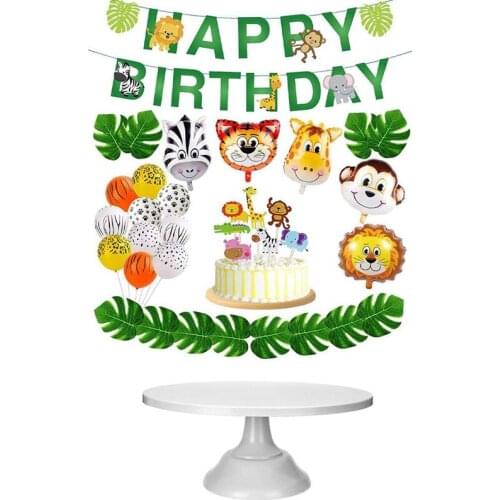 1 Set Jungle Animals Balloons Set Birthday Party Decoration & 1Pcs 12 Inch Iron Round Cake Stand White