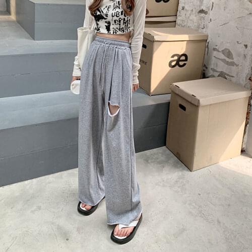 Women Pants Broken Holes Pants Summer 2021 High Waist Loose Cropped Pants Sweatpants For Women Pantalones De Mujer