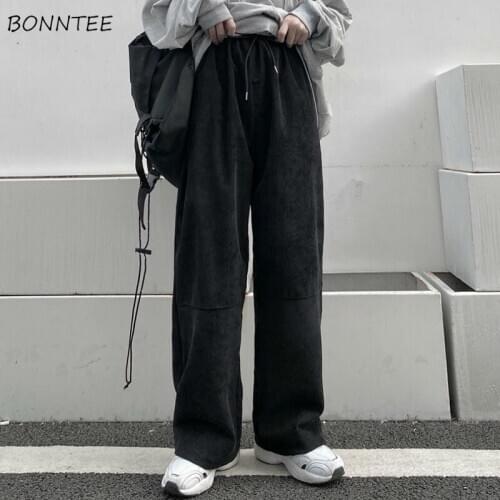 Wide Leg Pants Women Corduroy Casual Solid Drawstring Loose High Waist Feminino Trousers All-match Streetwear Fashion Ulzzang