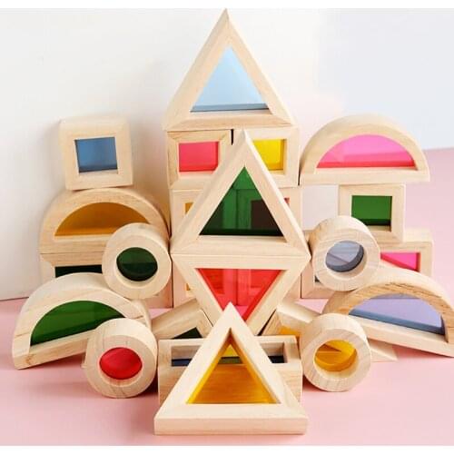 Wooden Rainbow Stacking Blocks Creative Colorful Learning And Educational Construction Light transmission Building Toy For Kids