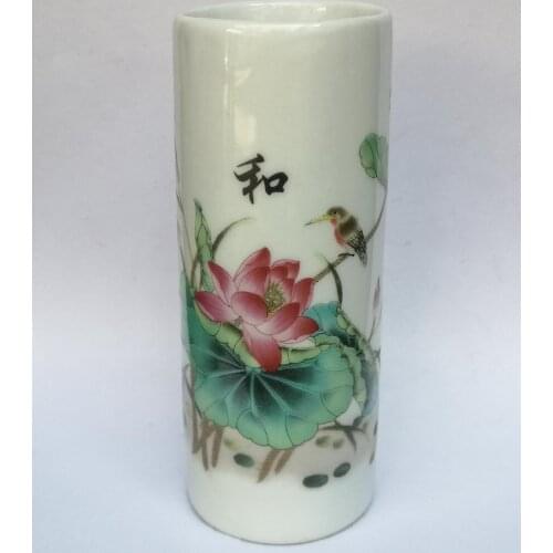 YIZHU CULTUER ART Collected Old China Famille rose Porcelain Painting Lotus Flowers Bird Brush pot Decoration Gift