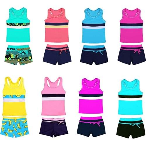 2Pcs Kids Swimwear Girls Sleeveless Swimsuit Two Pieces Children Bikini Set Swimming Tankini Beachwear Teen Bathing Suit 6-14Y