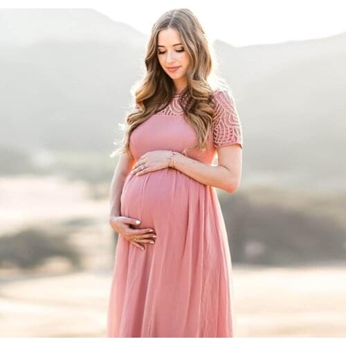 Summer Maternity Baby Shower Dress for Women Pregnant Woman for Photo Shoot Lace Voile Chiffon Half