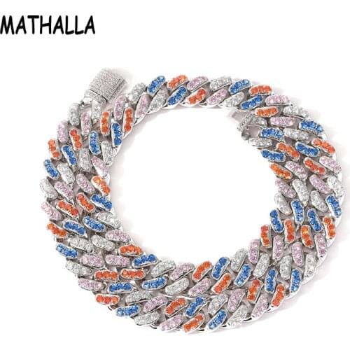MATHALLA 12mm Micro Paved Rainbow CZ Stone Miami Cuban Link Chain Necklace Mens Copper Hip Hop Iced Out Zircon Chain Jewelry