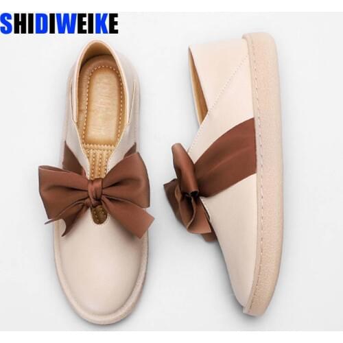 Fashion Woman Flat Shoes Ladies Quality Leather Shoe Casual Loafers Women Slip On Flats Lady Solid butterfly-knot Shoes AB525