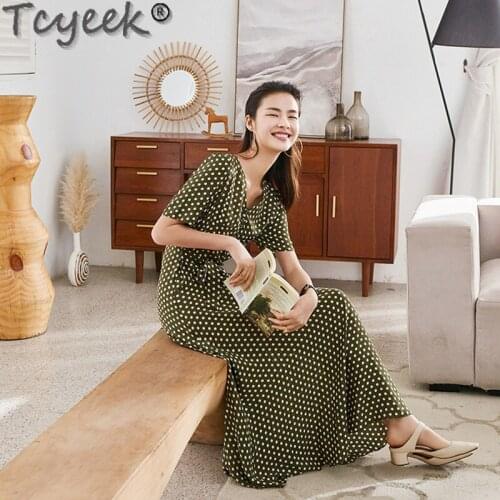 Dress Summer Elegant 200% Silk Dress Female Short Sleeve Dresses for Women Polka-dot Midi Clothes Vestido De Mujer 55