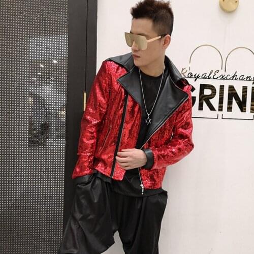 Black Red Men Zipper Sequins Jackets Punk Style Rock Motorcycle Jacket Sequined Slim Coat Male Stars Singer Dancer Stage Costume