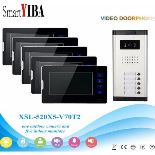 SmartYIBA 5 Units Apartment Intercom System Video Door Phone Door Intercom Aluminum Alloy Camera 7"Inch Monitor Video Doorbell