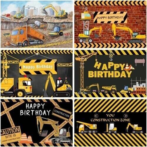 Laeacco Construction Excavator Truck Baby Toys Boy Happy Birthday Background Baby Portrait Photography Backdrop Photo Studio