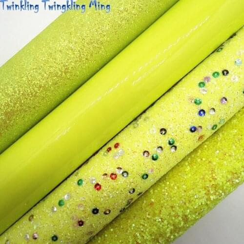 Neon Yellow Glitter Fabric, Sequins Glitter Leather, Fine Glitter Patent Synthetic Leather A4 21x29CM Twinkling Ming KM017