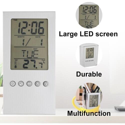 ABS Multi-Functions Desk Pen Holder Universal LCD Display Alarm Clock Thermometer Calendar Durable Pen Holder Alarm Clock