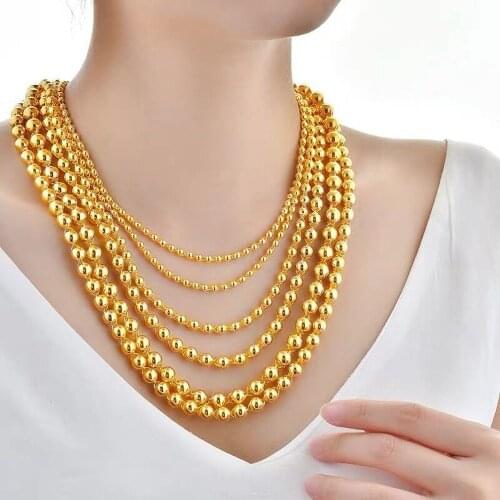 VAMOOSY Vintage 60cm Solid Glossy Round Bead Chain Schoker Mens Necklaces 24K Gold Color Buddha Beads Collar for Women Jewelery
