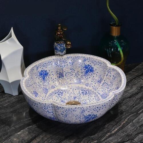 Bathroom Cloakroom porcelain wash basin sink ceramic basin sink Counter Top Wash Basin bathroom ceramic china sink blue white
