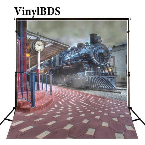 VinylBDS Outdoor Children Photography Backdrop Kids Train Station Scenery Background Brick Floor Backdrops for Photo Studio