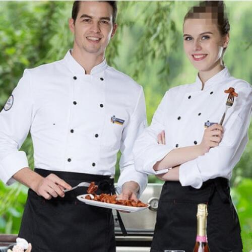 M-3XL Unisex Stand Collar Embroidery Badge Double Breasted Pocket Long Sleeve Kitchen Chef Restaurant Uniforms Cook Work Jackets