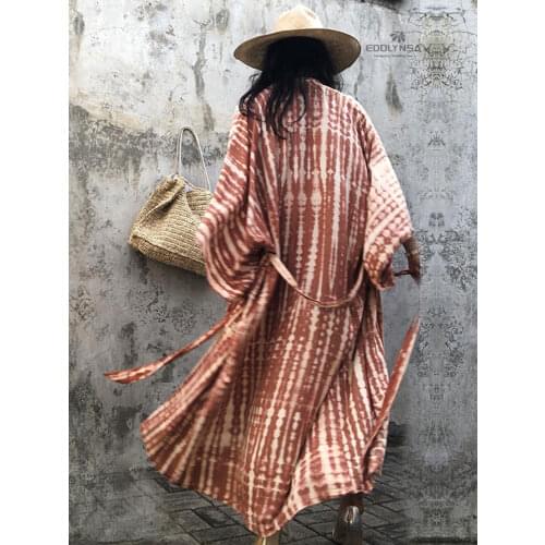 Blue Bohemian Tie dye Striped Bikini Cover-ups Long Tunic Sexy Kimono Dress Women Plus Size Beach Wear Swim Suit Cover Up Q1314