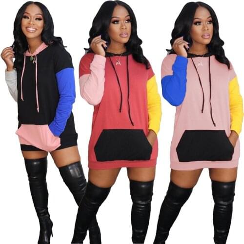 Plus Size Hooded Shirt Dress Women Patchwork Mini Dresses with Front Pockets Casual Sport Sweatshirt Dress Y2k Streetwear S-3XL