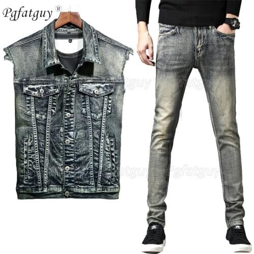 2020 Punk Sprint Hot Sale Mens Fashion Blue Suits Embroidery eagle Hole Jeans Jackets+Jeans Pants 2 Pieces Sets Casual Twinset