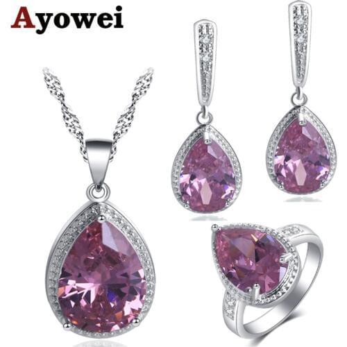 Ayowei Birthday gift for girlfriends Water Drop silver Pink Zircon White Crystal Necklace Pendant Earrings Jewelry Sets JS734A
