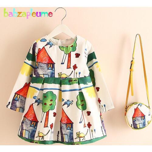 Babzapleume Spring Autumn Kids Clothes Dresses Cartoon Long Sleeve Flower Baby Girls Dress+Bag Children Clothing Set 2PCS BC1319