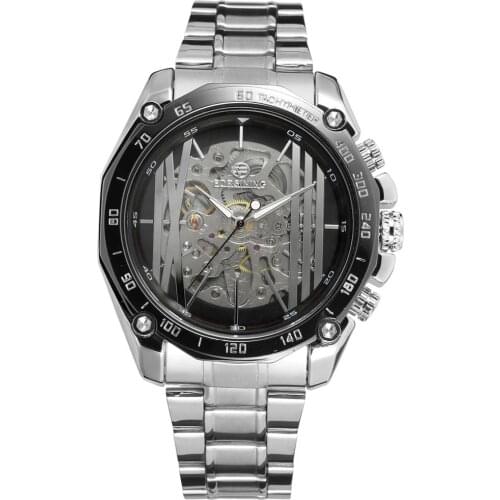 FORSINING WATCH Fashion creative four corners with diamonds two digital appearance silver steel strap mens mechanical watch