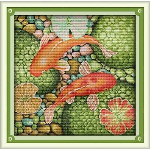 Joy Sunday The Red Carp Chinese Cross Stitch Kits Ecological Cotton Clear Stamped Printed 11CT DIY Wedding Decoration For Home