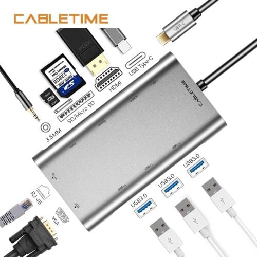 Cabletime USB HUB RJ45 Card Reader HDMI 10 in 1 HUB 3.5MM Type C HUB USB 3.0 with Power Adapter SD for Macbook Laptop N231